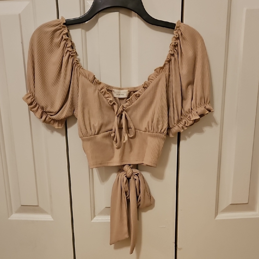 Elegant Tan Puff Sleeve Crop Top